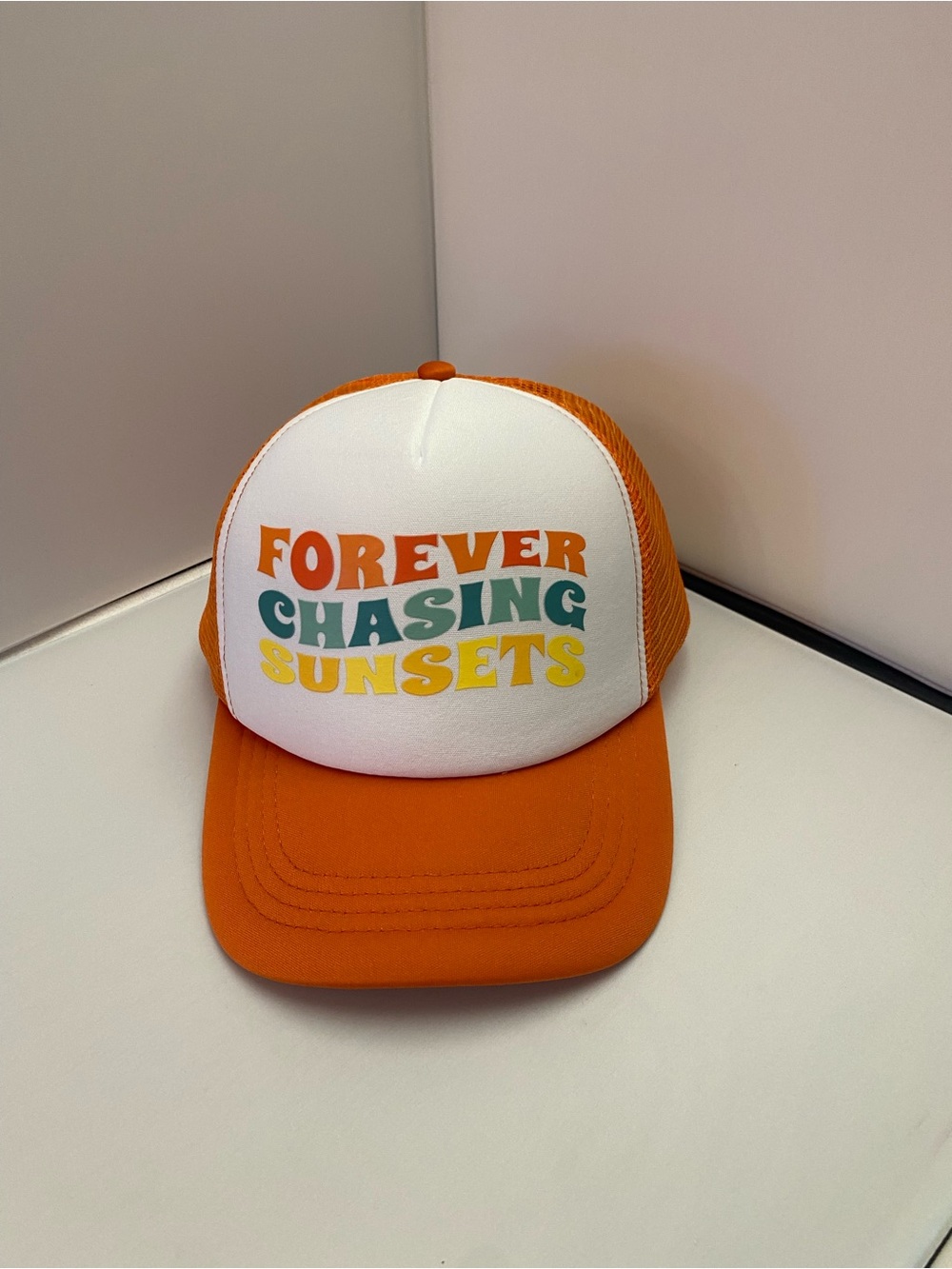 NWT Forever Chasing Sunsets Orange Trucker Hat adjustable